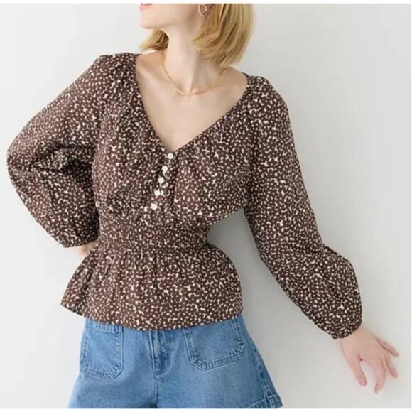 J. Crew Tops - J. Crew Brown and Cream Smocked Peplum Blouse